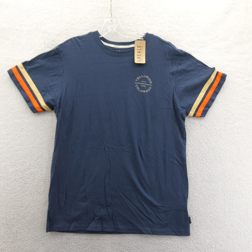 Locale Shirt Mens Large Telluride Colorado Navy Blue Striped Sleeve Tee Cotton